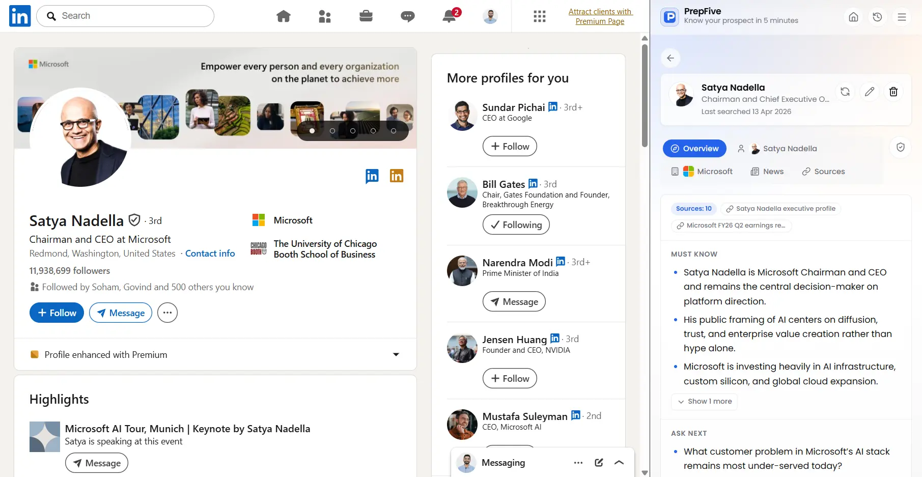 PrepFive Chrome side panel showing a source-linked prospect research and meeting prep brief next to a LinkedIn profile